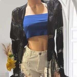 Vintage Unique Black Crochet faux leather fringe  Western Cardigan